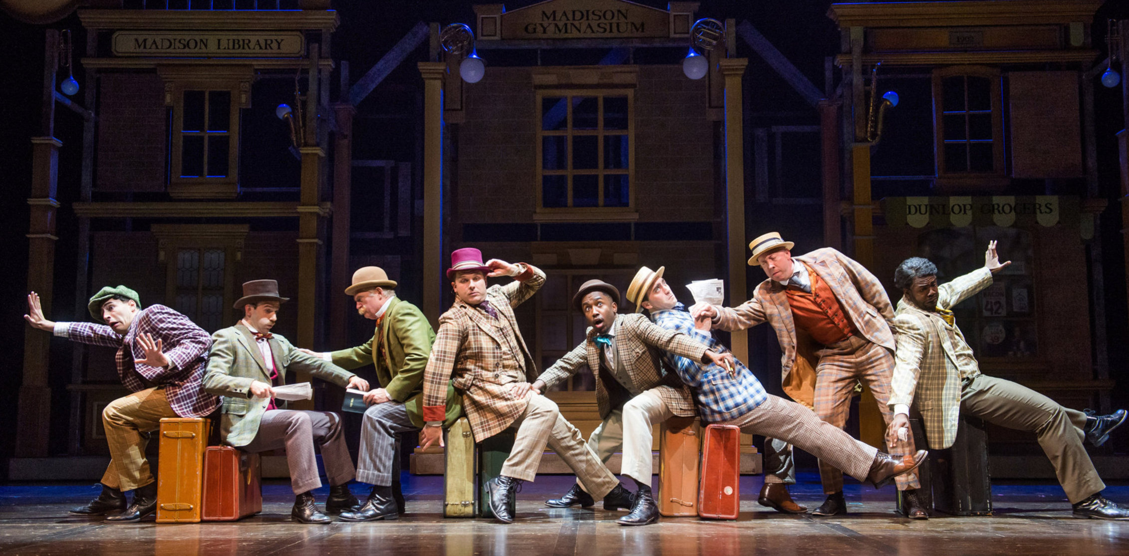 Eight men falling on train